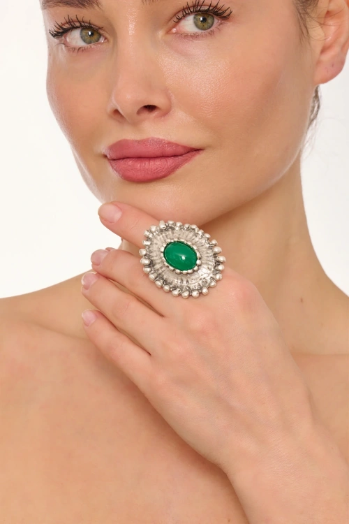 Kiraz Green Stoned Silver Plated Ring