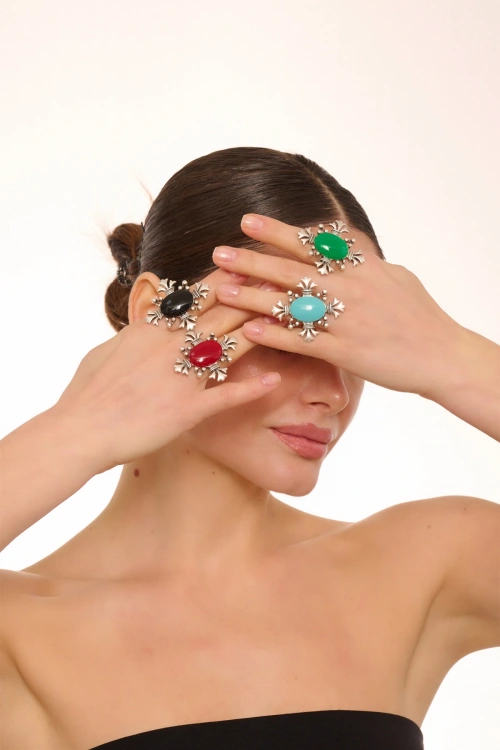 Kiraz Green Stoned Silver Plated Ring