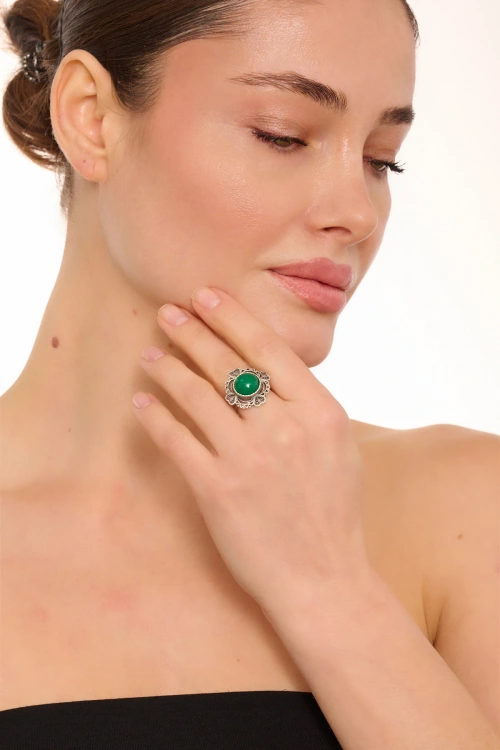 Kiraz Green Stoned Silver Plated Ring