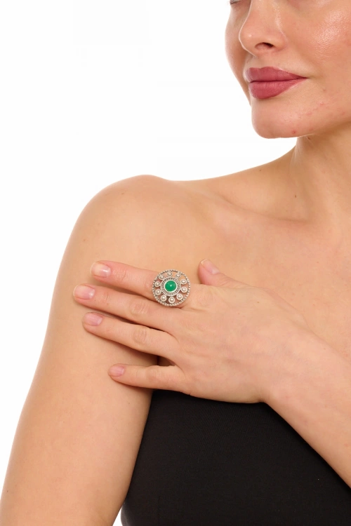 Kiraz Green Stoned Silver Plated Ring