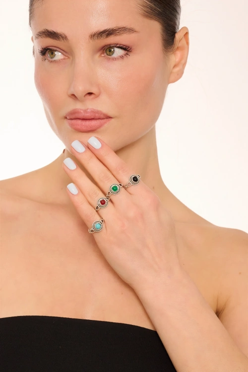 Kiraz Green Stoned Silver Plated Ring