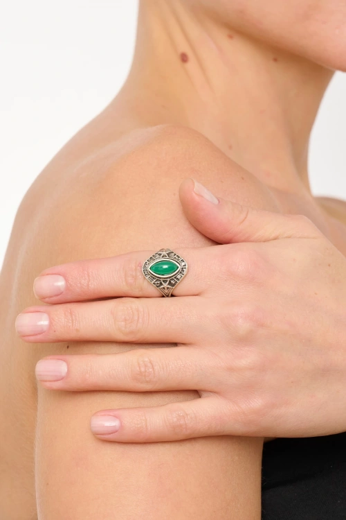 Kiraz Green Stoned Silver Plated Ring