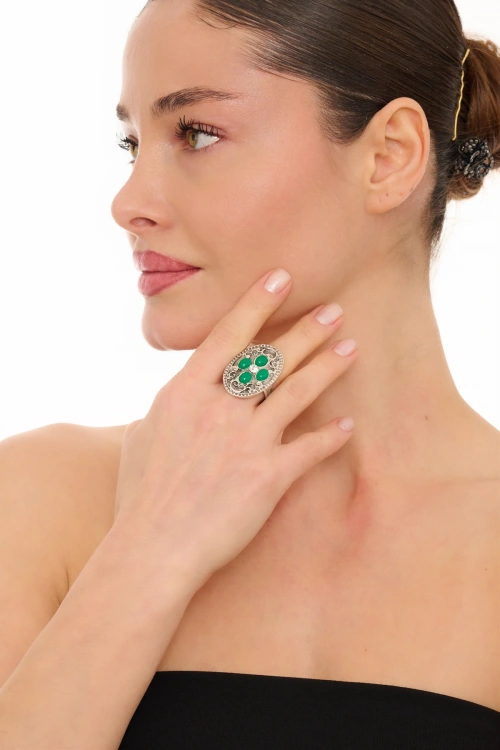 Kiraz Green Stoned Silver Plated Ring