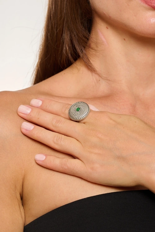 Kiraz Green Stoned Silver Plated Ring