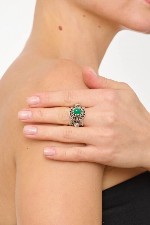Kiraz Green Stoned Silver Plated Ring