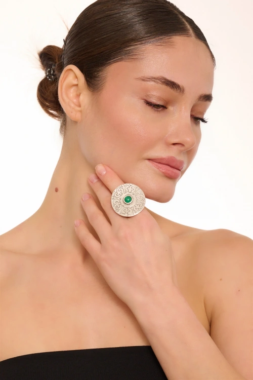 Kiraz Green Stoned Silver Plated Ring