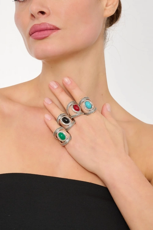 Kiraz Green Stoned Silver Plated Ring