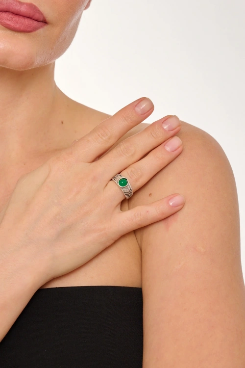Kiraz Green Stoned Silver Plated Ring