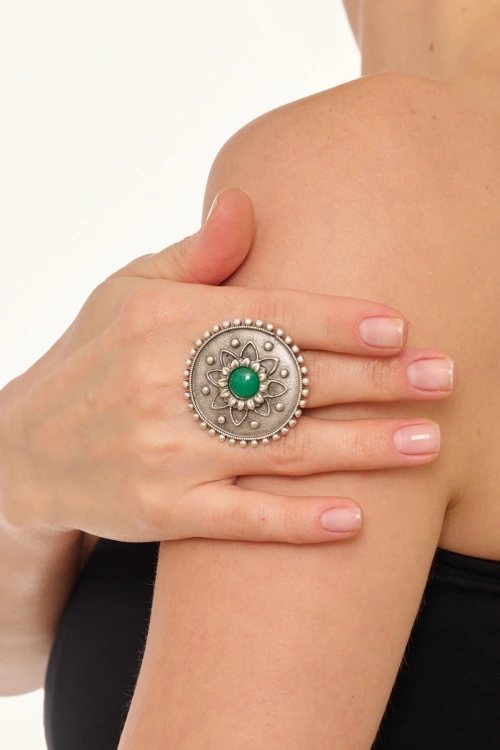 Kiraz Green Stoned Silver Plated Ring