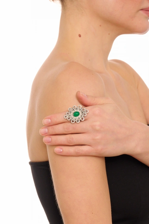 Kiraz Green Stoned Silver Plated Ring