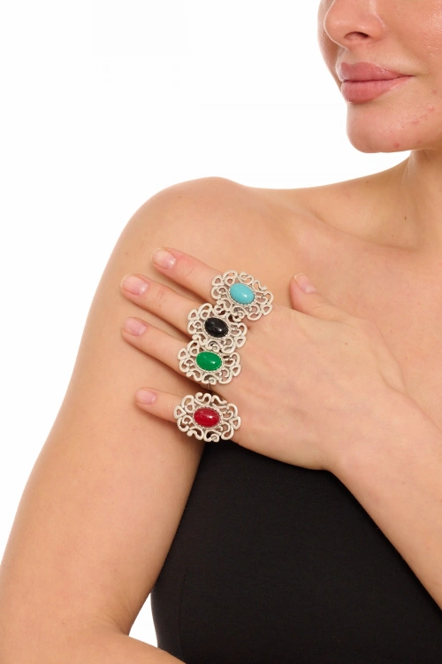 Kiraz Green Stoned Silver Plated Ring