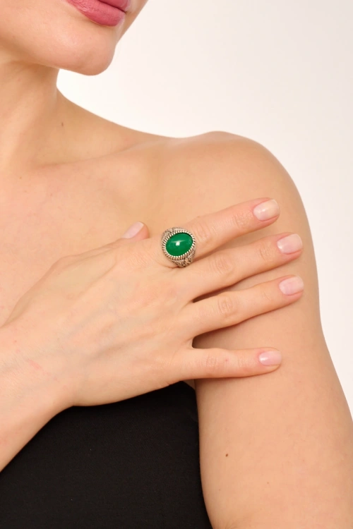 Kiraz Green Stoned Silver Plated Ring