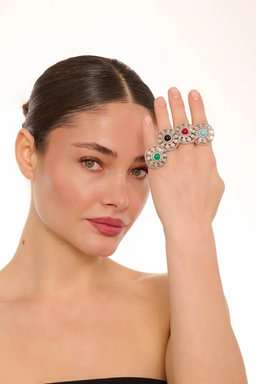 Kiraz Green Stoned Silver Plated Ring