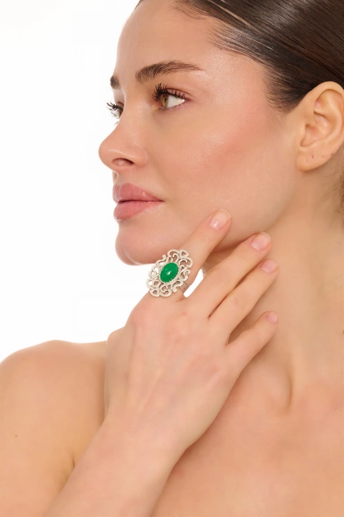 Kiraz Green Stoned Silver Plated Ring