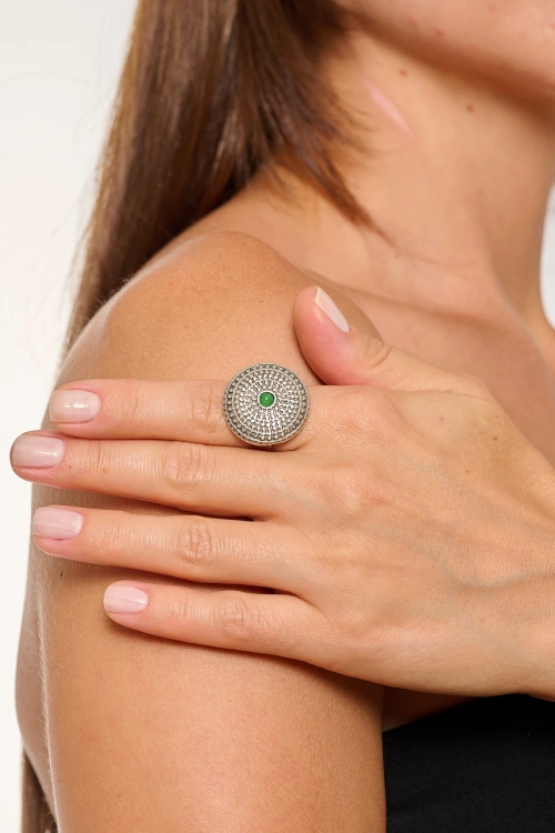 Kiraz Green Stoned Silver Plated Ring
