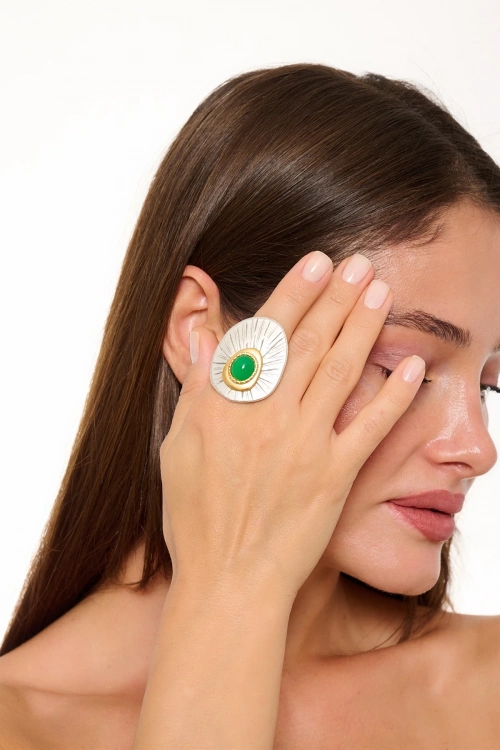 Kiraz Green Stoned Silver Plated Ring