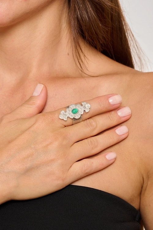 Kiraz Green Stoned Silver Plated Ring