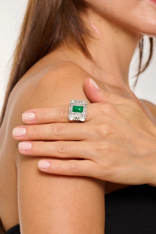 Kiraz Green Stoned Silver Plated Ring