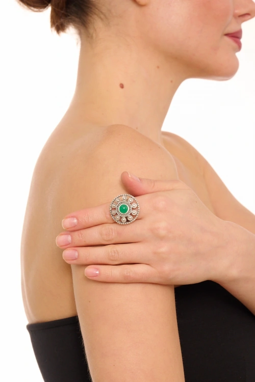 Kiraz Green Stoned Silver Plated Ring
