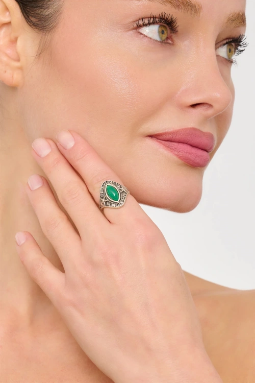 Kiraz Green Stoned Silver Plated Ring