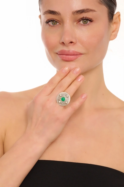 Kiraz Green Stoned Silver Plated Ring