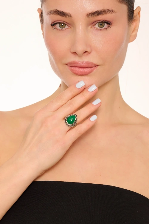 Kiraz Green Stoned Silver Plated Drop Ring