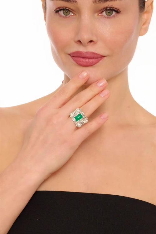 Kiraz Green Stoned Silver Plated Ring
