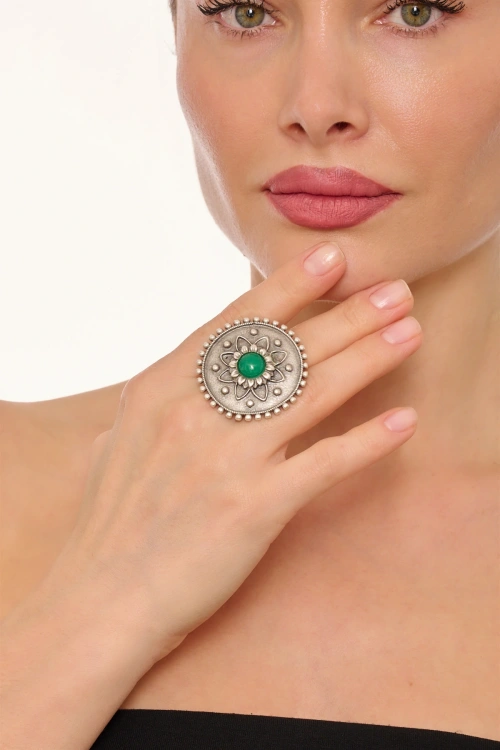 Kiraz Green Stoned Silver Plated Ring