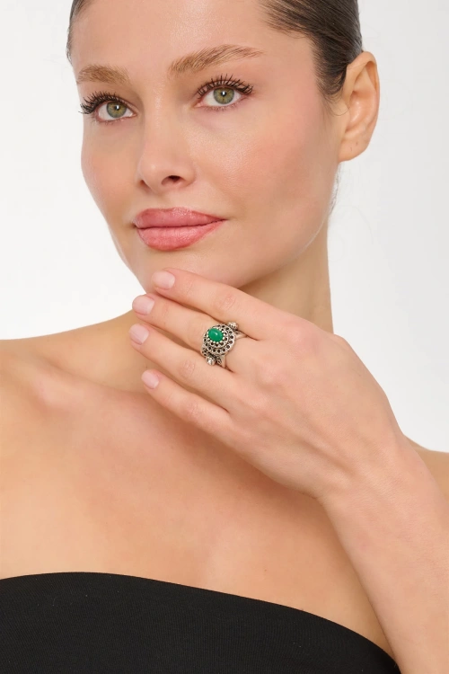 Kiraz Green Stoned Silver Plated Ring