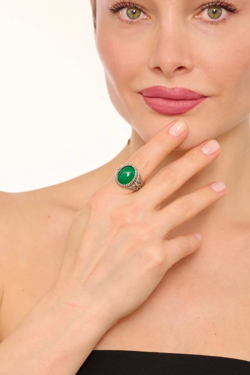 Kiraz Green Stoned Silver Plated Ring
