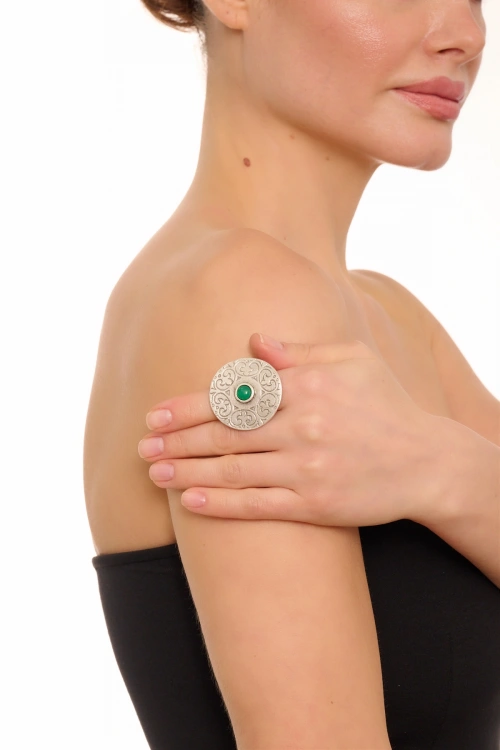 Kiraz Green Stoned Silver Plated Ring