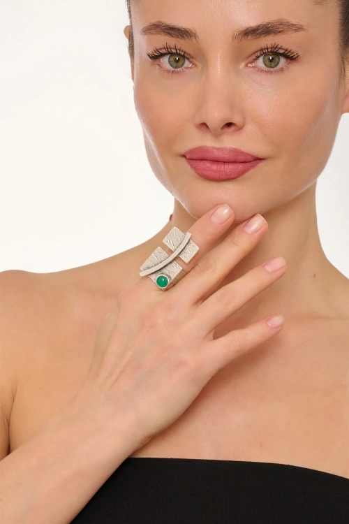 Kiraz Green Stoned Silver Plated Ring