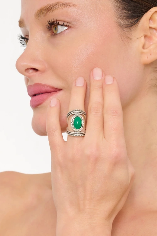 Kiraz Green Stoned Silver Plated Ring