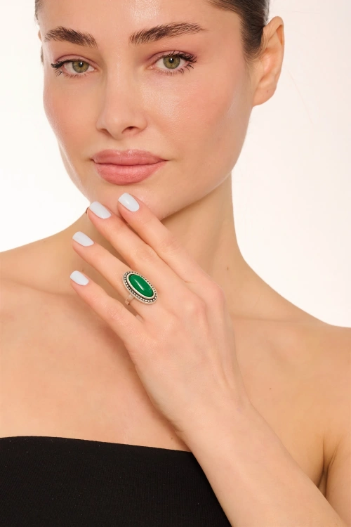 Kiraz Green Stoned Silver Plated Ring