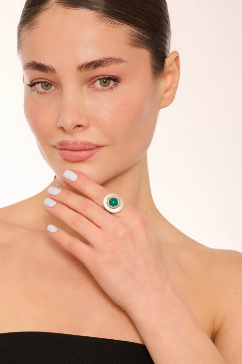 Kiraz Green Stoned Silver Plated Ring