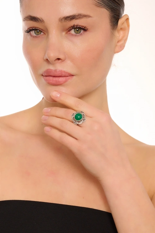 Kiraz Green Stoned Silver Plated Ring