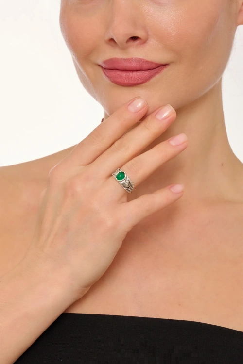 Kiraz Green Stoned Silver Plated Ring