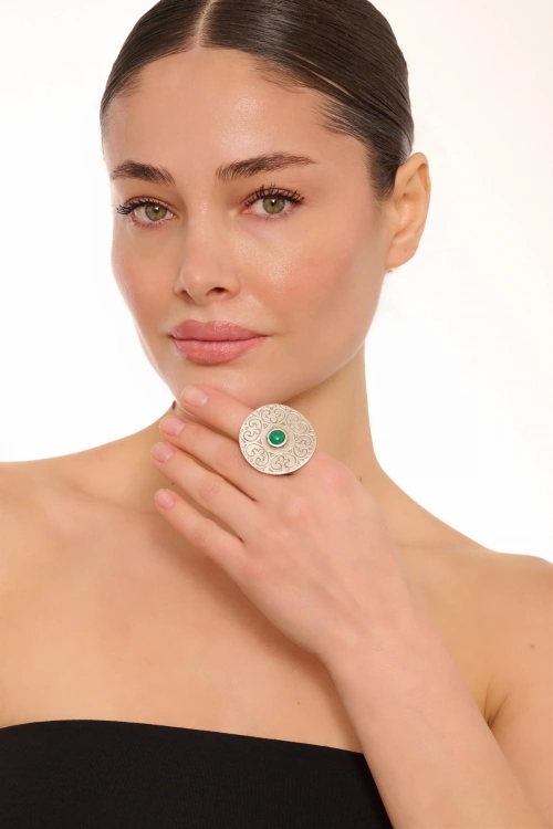 Kiraz Green Stoned Silver Plated Ring