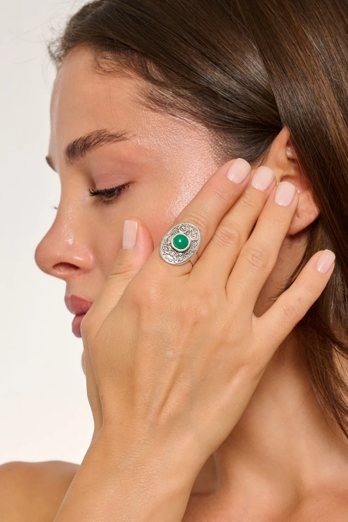 Kiraz Green Stoned Silver Plated Ring