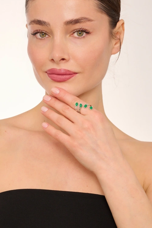 Kiraz Green Stoned Silver Plated Ring