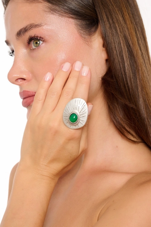 Kiraz Green Stoned Silver Plated Ring
