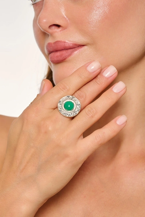Kiraz Green Stoned Silver Plated Ring