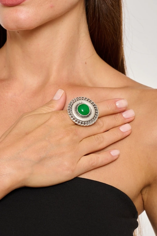 Kiraz Green Stoned Silver Plated Ring