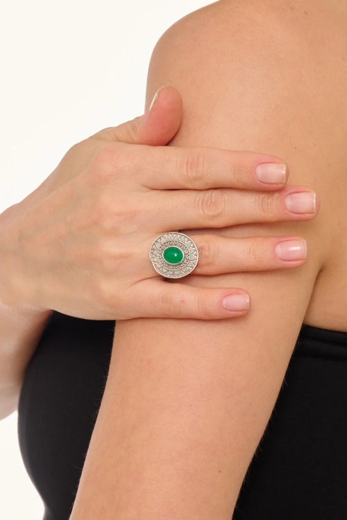 Kiraz Green Stoned Silver Plated Ring