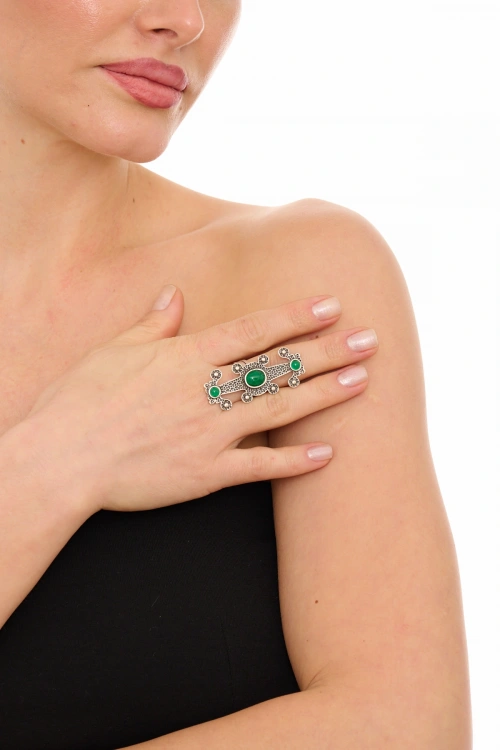 Kiraz Green Stoned Silver Plated Ring