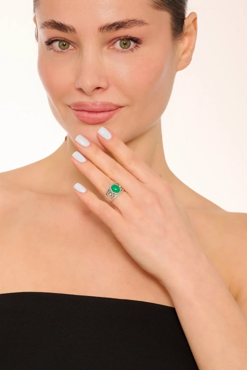 Kiraz Green Stoned Silver Plated Ring