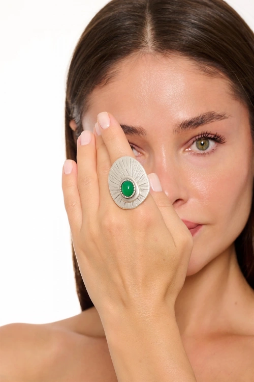 Kiraz Green Stoned Silver Plated Ring