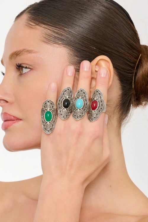 Kiraz Green Stoned Silver Plated Ring