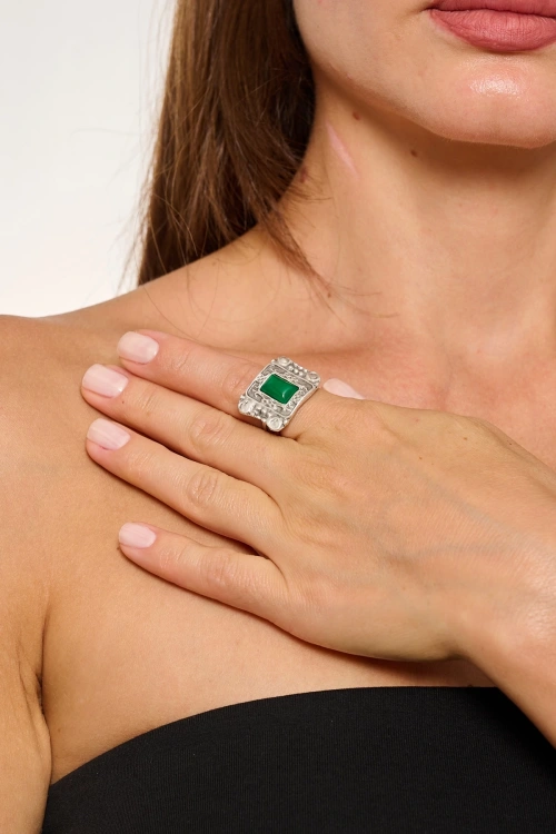 Kiraz Green Stoned Silver Plated Ring