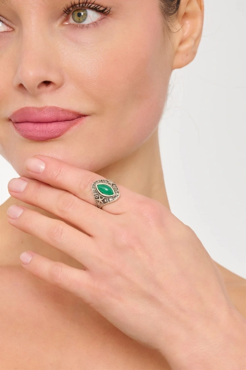 Kiraz Green Stoned Silver Plated Ring